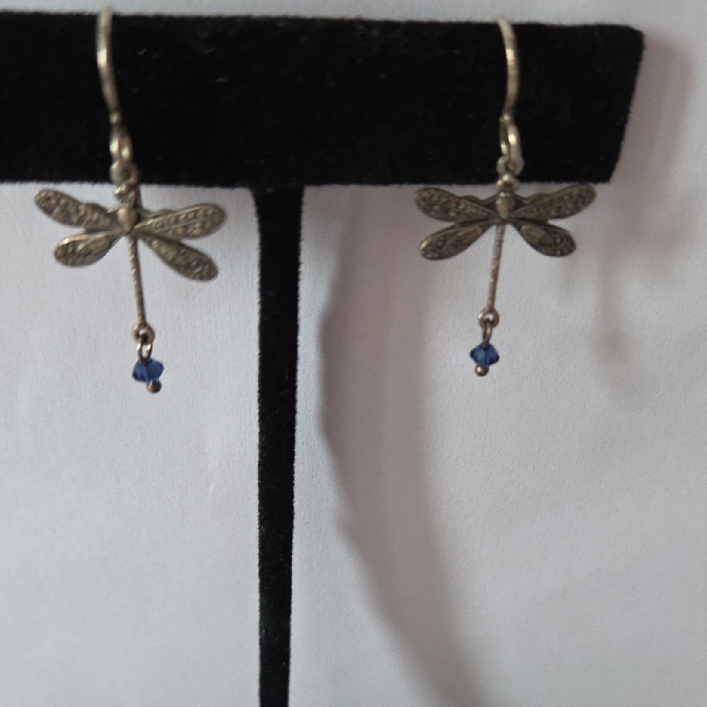 Charming Silver Dragonfly Earrings with Blue Beads